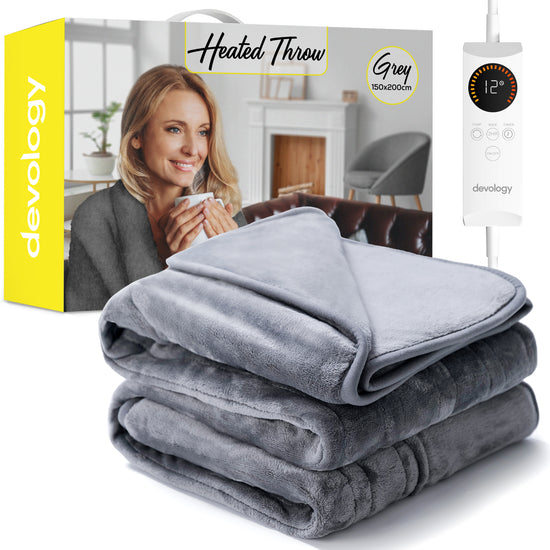 Devology Heated Throw - Electric Blanket - Digital Controller - Timer up to 12 hours, 6 Heat Settings, Auto Shutoff - Machine Washable