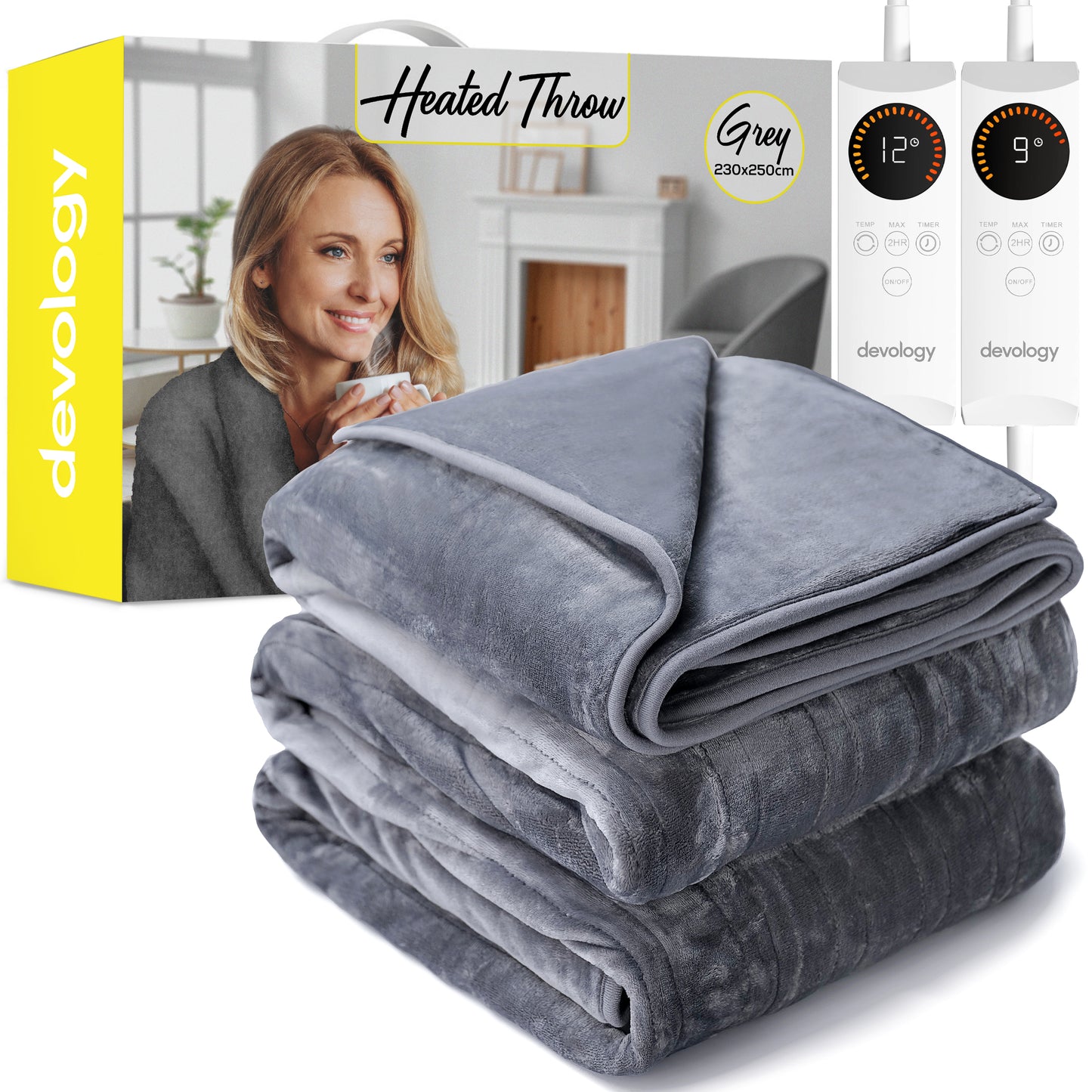 Devology Heated Throw - Electric Blanket - Digital Controller - Timer up to 12 hours, 6 Heat Settings, Auto Shutoff - Machine Washable