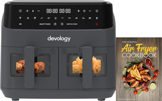 Devology Double Air Fryer - 9L - 2 x 4.5L Independent Cooking Zones With Light Up Glass Front - Free 50 Recipe Cookbook- 10 Cooking Programs - Digital LED Display - Healthy Oil-free Fryer - Portable…