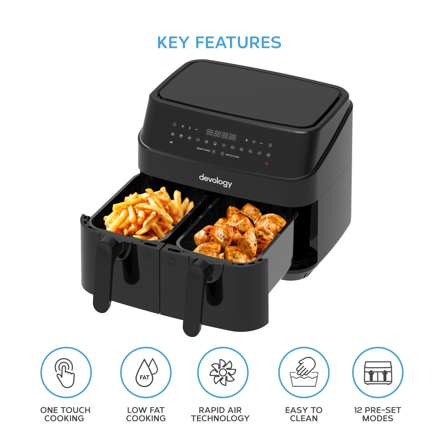 Devology 9L Dual Zone Air Fryer with 12 Pre-Set Modes and FREE 50 recipe Cookbook - Black