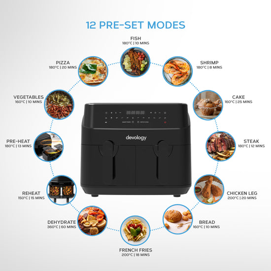 Devology 9L Dual Zone Air Fryer with 12 Pre-Set Modes and FREE 50 recipe Cookbook - Black